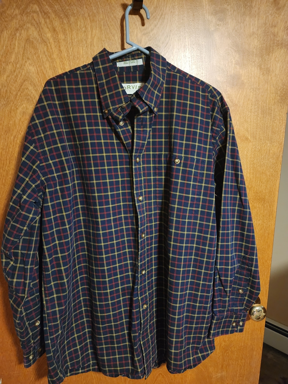 Orvis Men's Navy, Red & Yellow Plaid Button-Down Shirt